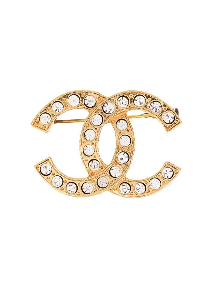 Chanel Vintage Crystal-embellished Cc Brooch - Gold