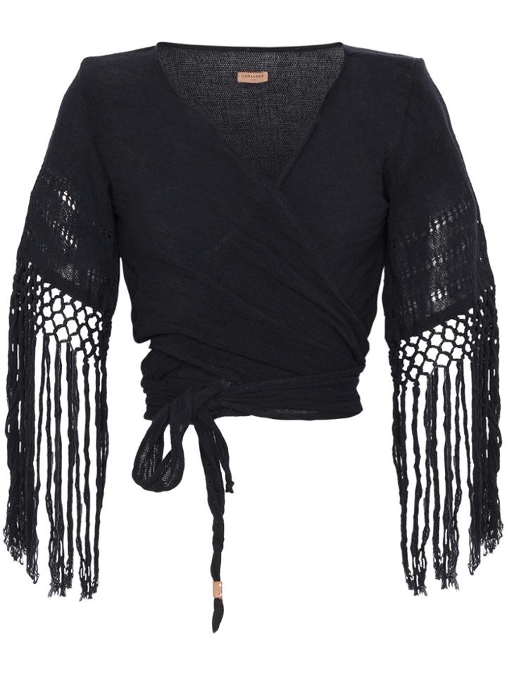 Caravana Luum Fringed Basketweave Cotton Wrap Top - Black