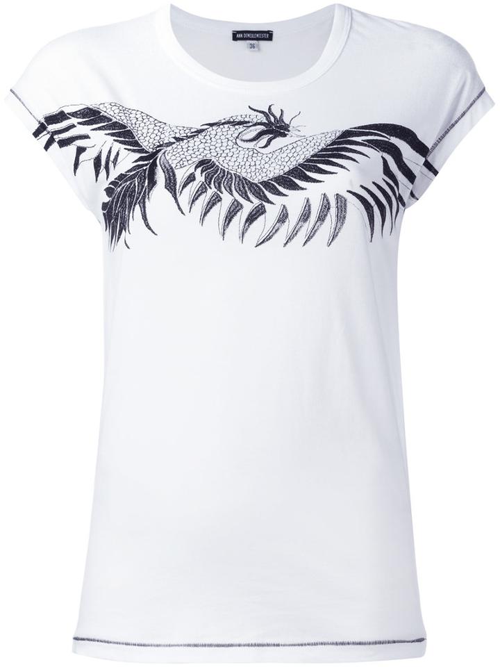 Ann Demeulemeester Dragon Print T-shirt, Women's, Size: 38, White, Cotton