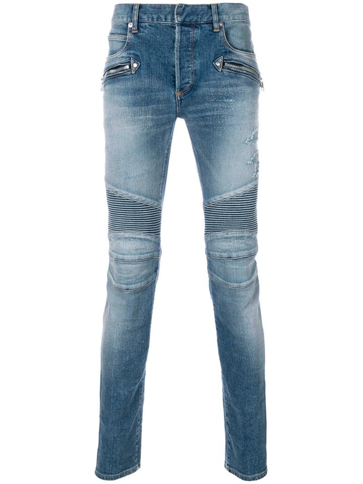 Balmain Stonewashed Skinny Biker Jeans - Blue