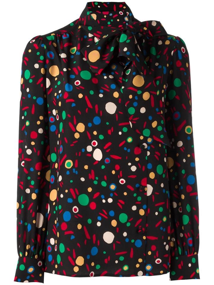 Saint Laurent Abstract Print Pussybow Blouse - Black