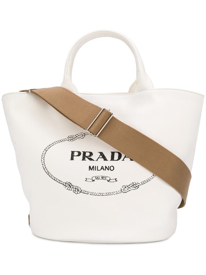 Prada Front Logo Tote Bag - White