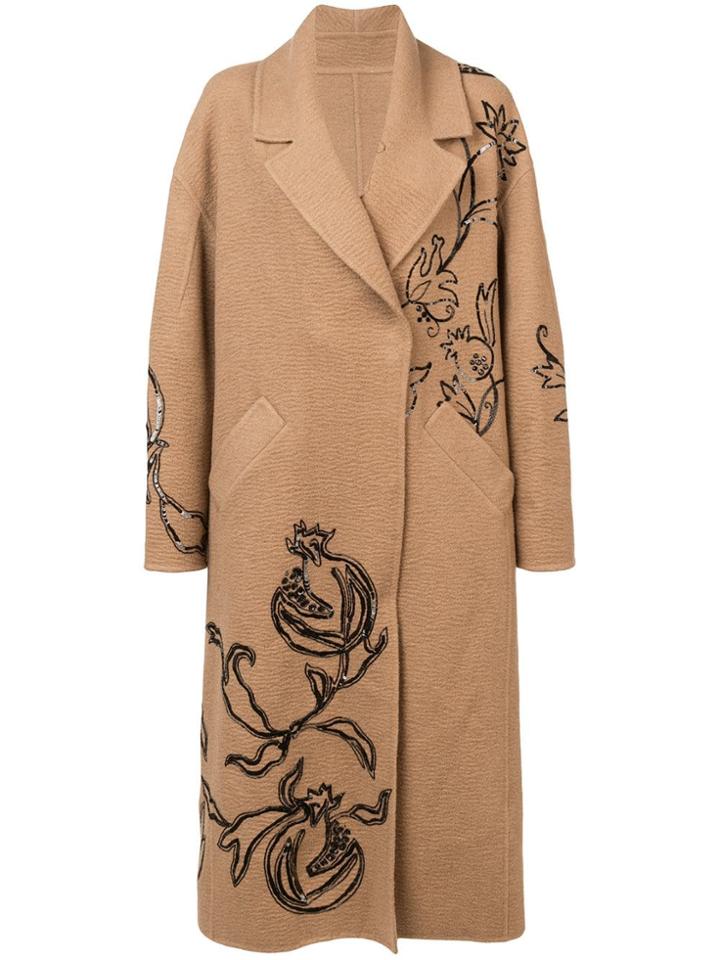 Oscar De La Renta Long Sleeve Embroidered Coat - Brown