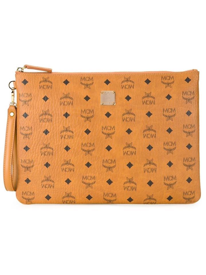 Mcm Logo Print Zip Clutch Bag, Brown, Polyester