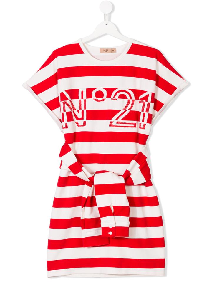 No21 Kids Teen Striped Logo Dress - Red