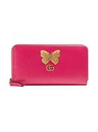 Gucci Leather Zip Around Wallet With Butterfly - Pink