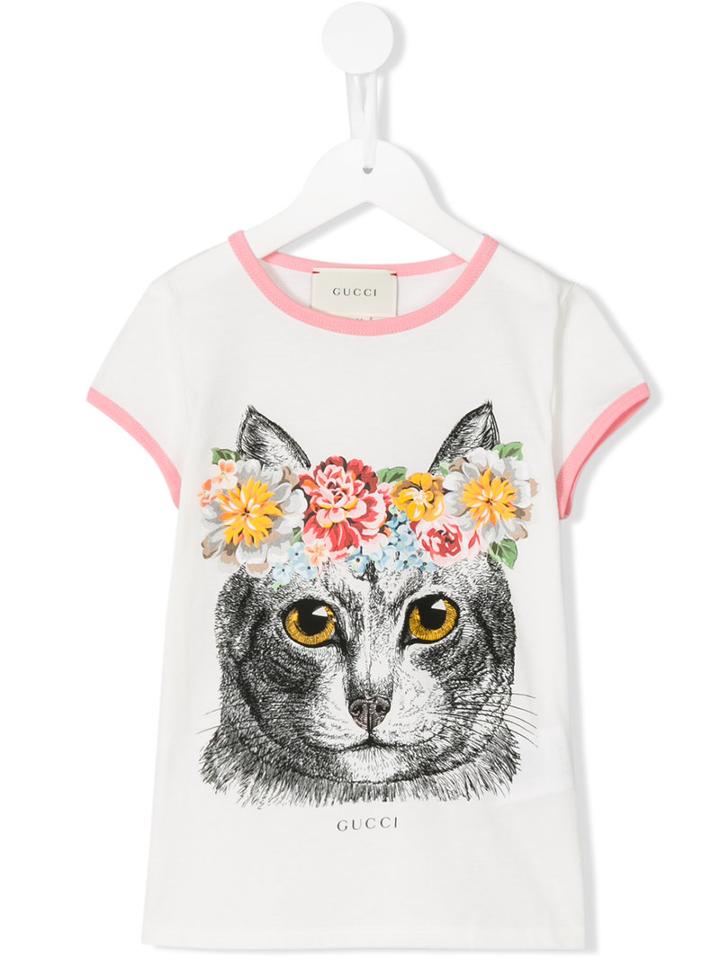Gucci Kids Cat Print T-shirt, Girl's, Size: 10 Yrs, White