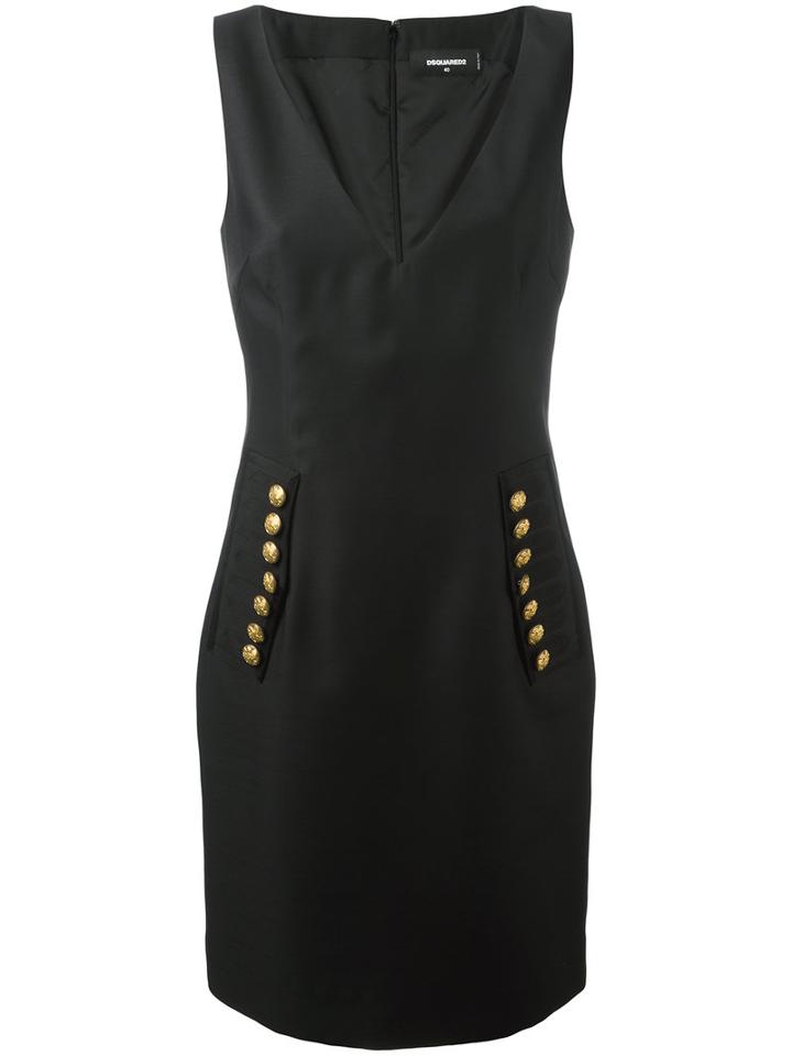 Dsquared2 V-neck Decorative Button Dress, Women's, Size: 42, Black, Silk/virgin Wool/polyester/viscose