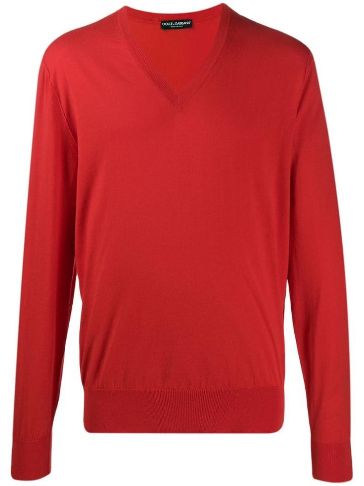 Dolce & Gabbana Ribbed V-neck Knitted Jumper - Red