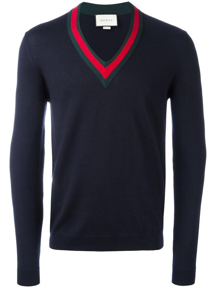 Gucci Web Trim V-neck Jumper, Size: Xl, Blue, Wool