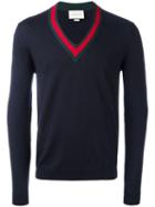 Gucci Web Trim V-neck Jumper, Size: Xl, Blue, Wool