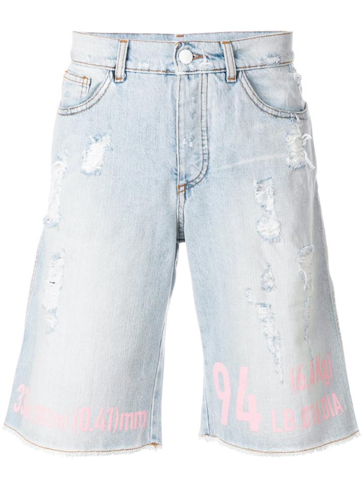 Gcds Printed And Distressed Denim Shorts - Blue