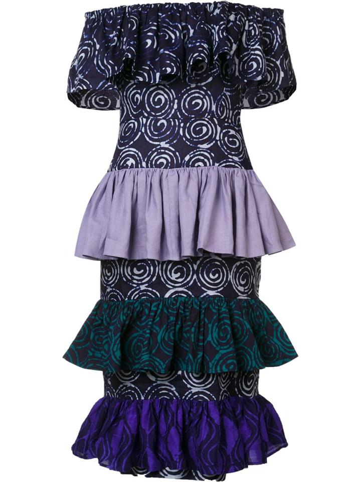 Maki Oh Tiered Adire Off-shoulder Dress - Black