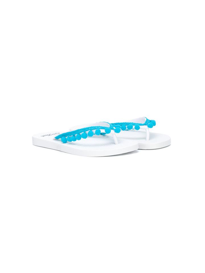 Mc2 Saint Barth Kids Teen Pom Pom Trim Flip Flops - White