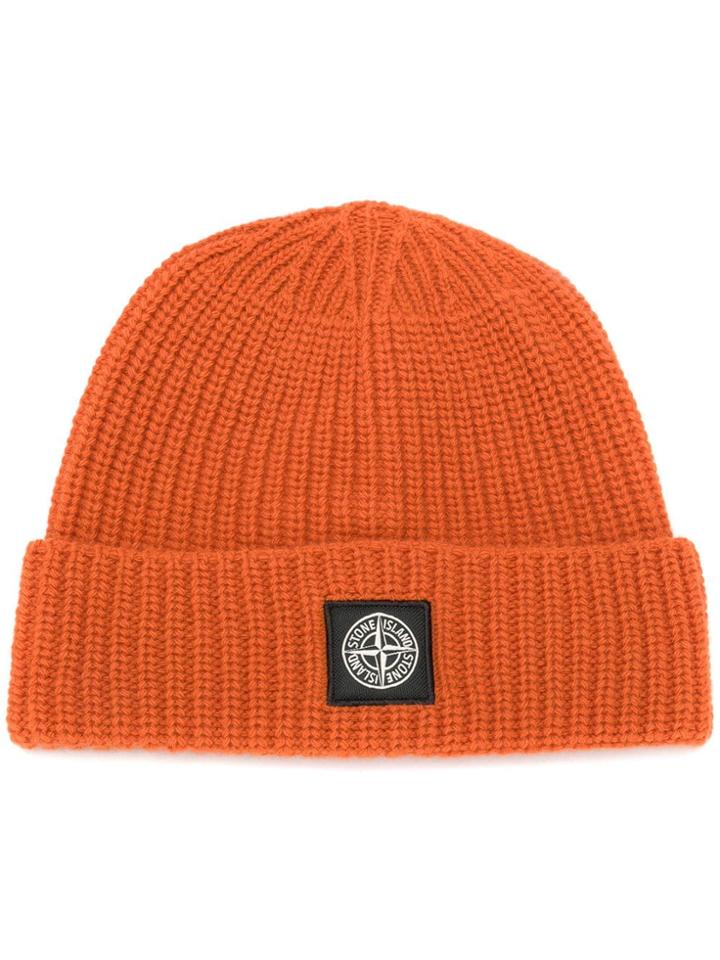 Stone Island Ribbed Logo Beanie - Orange