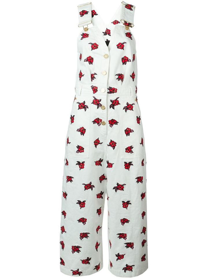 House Of Holland Embroidered Denim Dungaree Jumpsuit, Women's, Size: 12, White, Cotton