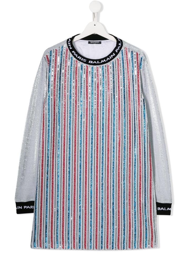 Balmain Kids Teen Sequin-embellished Metallic Dress - Grey