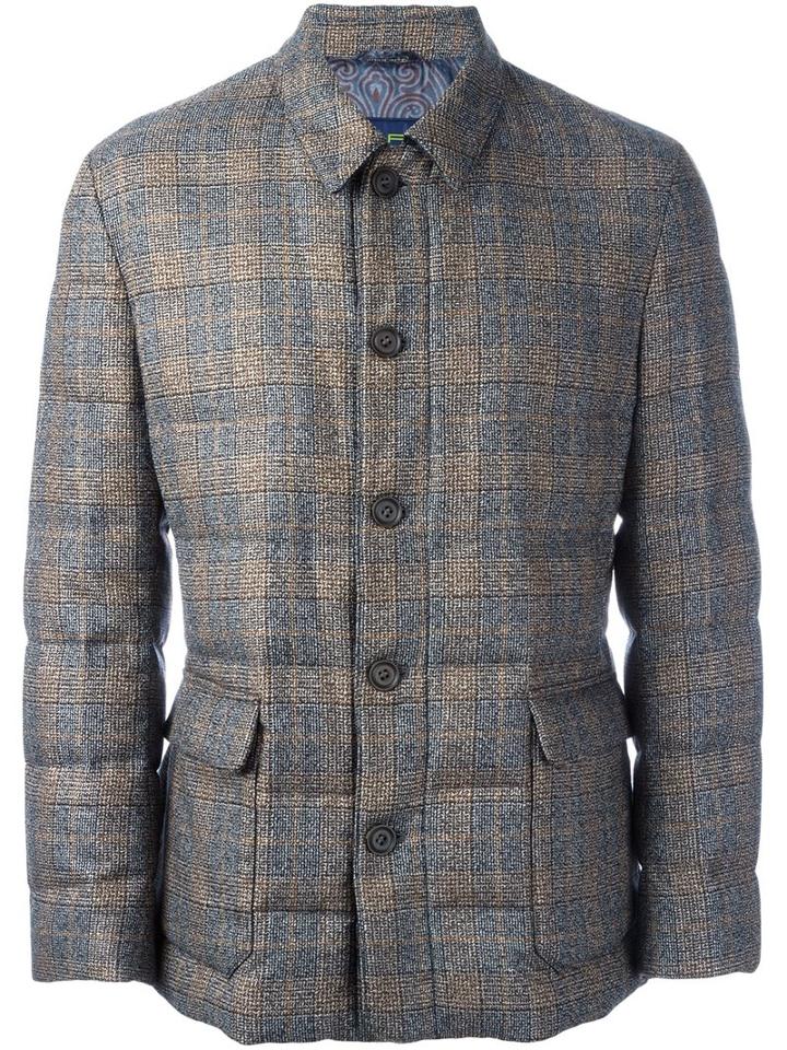 Etro Checked Padded Jacket, Men's, Size: Large, Brown, Silk/feather Down/viscose/calf Hair