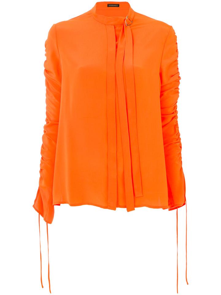 Versace - Crepe Ruched Sleeve Shirt - Women - Silk - 42, Yellow/orange, Silk