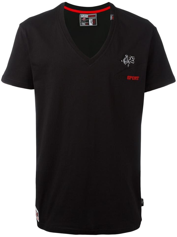 Plein Sport Logo Embroidery V-neck T-shirt, Men's, Size: Medium, Black