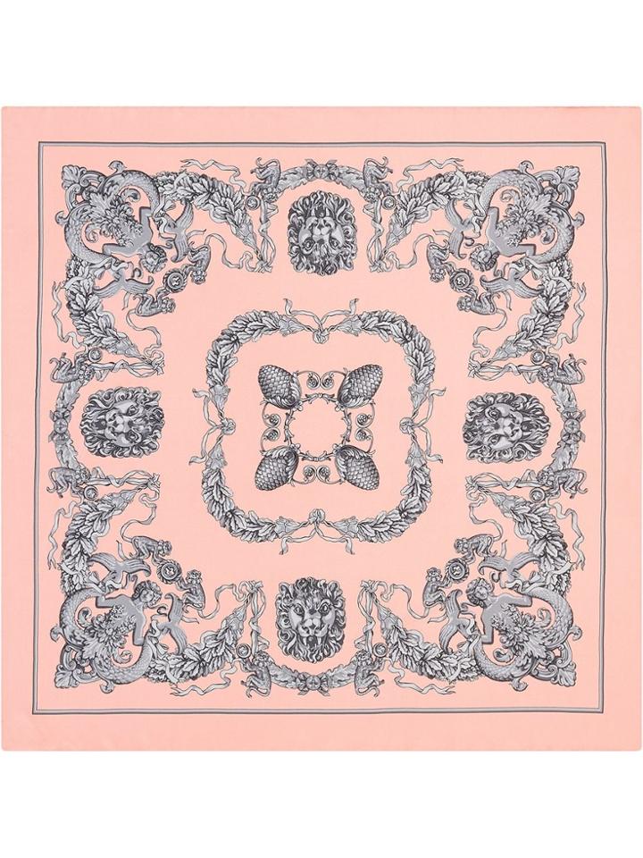 Gucci Silk Carré With Gg, Lions And Acorns - Pink
