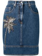 Msgm Palm Embellished Denim Skirt - Blue