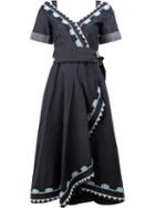 Peter Pilotto Embroidered Denim Wrap Dress, Women's, Size: 8, Blue, Cotton/linen/flax/polyester/acetate