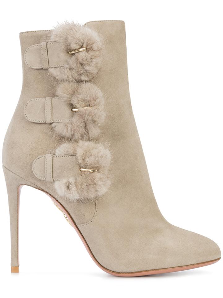 Aquazzura Buckled Fur Detail Ankle Boots - Grey