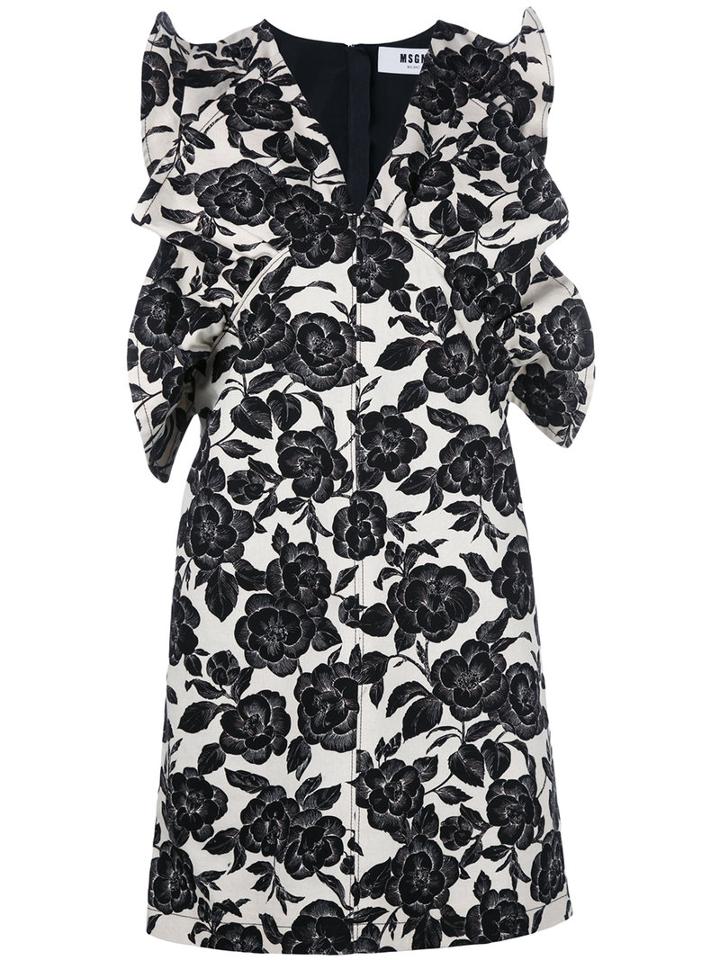 Msgm Floral Print Fitted Dress, Women's, Size: 42, Black, Cotton/linen/flax/polyester