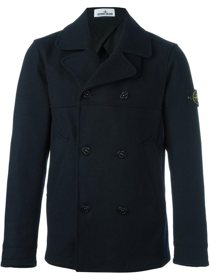 Stone Island Double Breasted Coat, Men's, Size: Large, Blue, Polyamide/wool