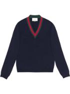 Gucci Wool V-neck Sweater With Web - Blue