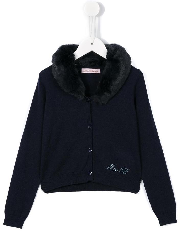 Miss Blumarine Faux Fur Collar Cardigan, Girl's, Size: 6 Yrs, Blue