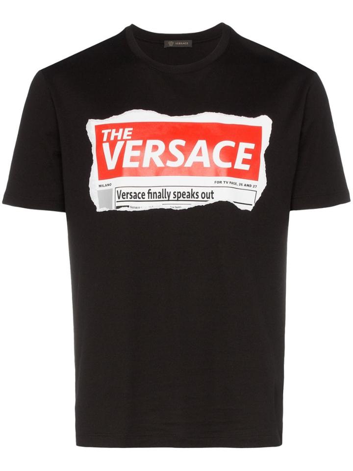 Versace Newspaper Logo Print Cotton T-shirt - Black