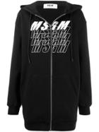 Msgm Logo Print Long Zipped Hoodie - Black