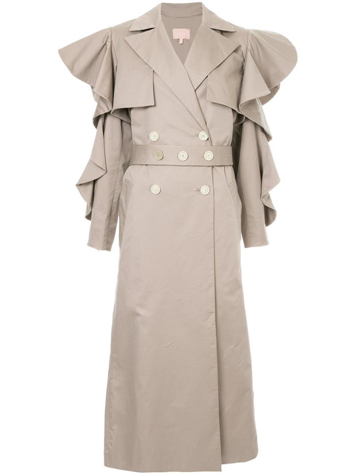 Liya Trench Coat With Cut Out Frill Trim Sleeves - Brown