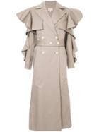 Liya Trench Coat With Cut Out Frill Trim Sleeves - Brown