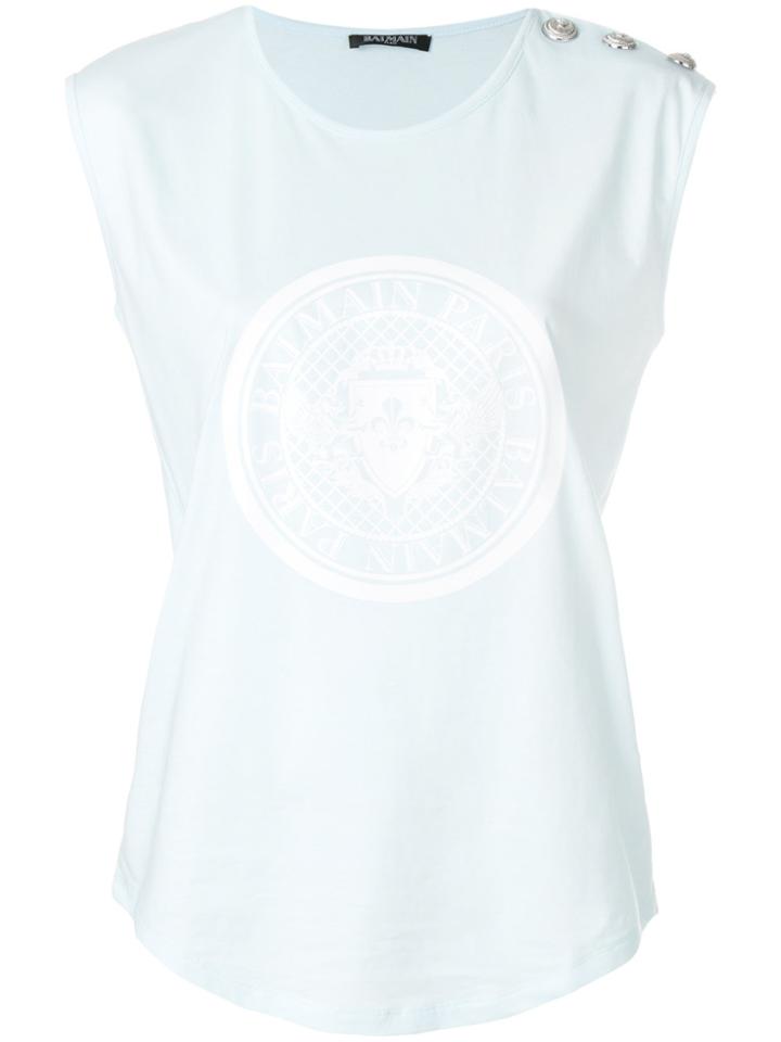 Balmain Buttoned Shoulder Logo Tank - Blue
