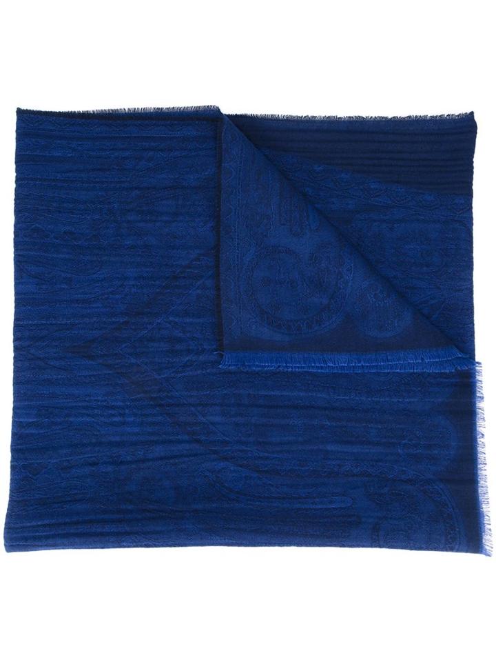 Etro Frayed Scarf, Men's, Blue, Silk/wool