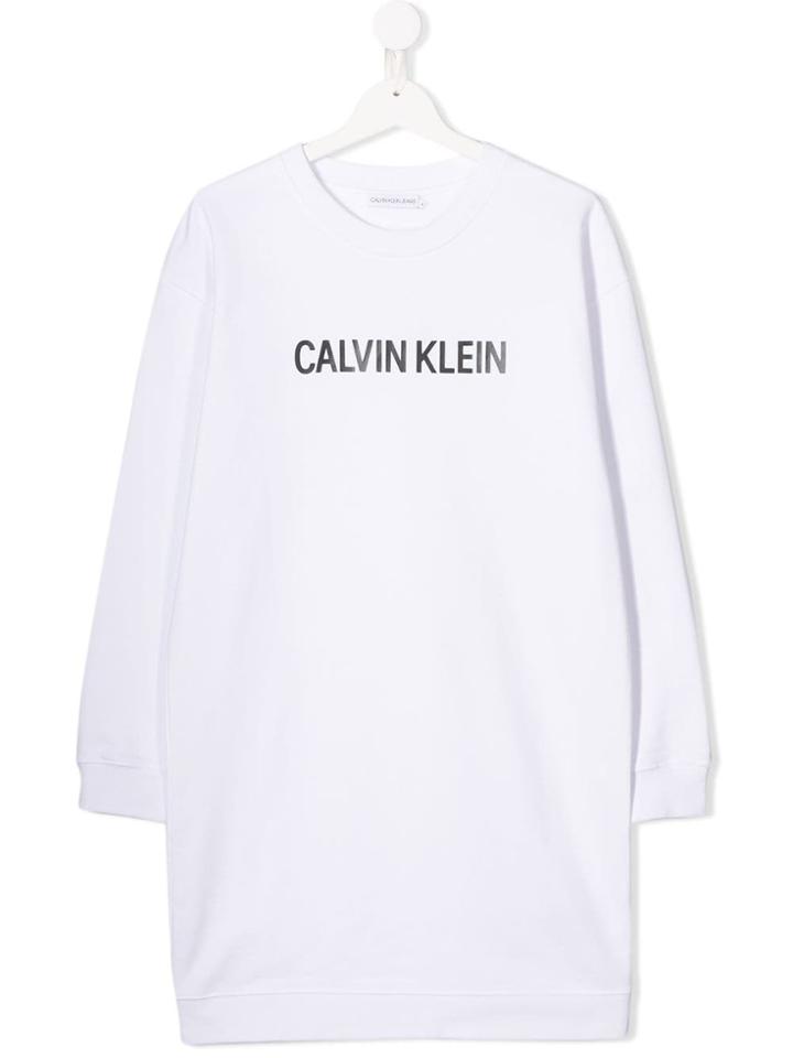 Calvin Klein Kids Teen Logo Print Sweatshirt Dress - White