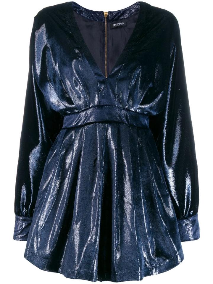 Balmain V-neck Velvet Mini Dress - Blue