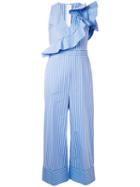 Msgm - Pinstripe Frill-trim Jumpsuit - Women - Cotton - 40, White, Cotton