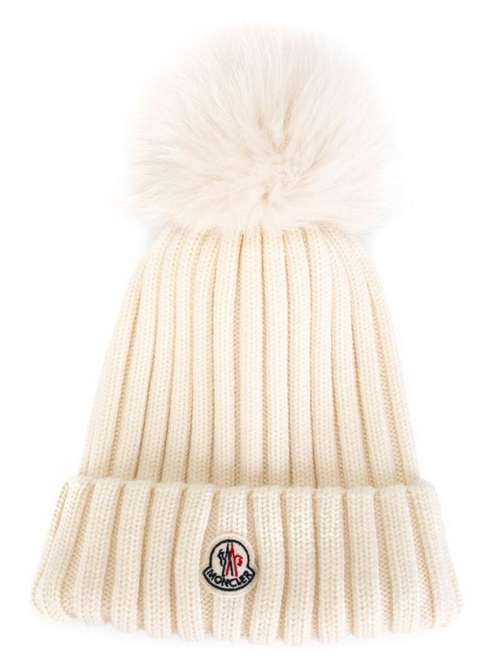 Moncler Bobble Top Beanie, Women's, Nude/neutrals, Fox Fur/virgin Wool