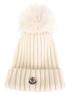 Moncler Bobble Top Beanie, Women's, Nude/neutrals, Fox Fur/virgin Wool