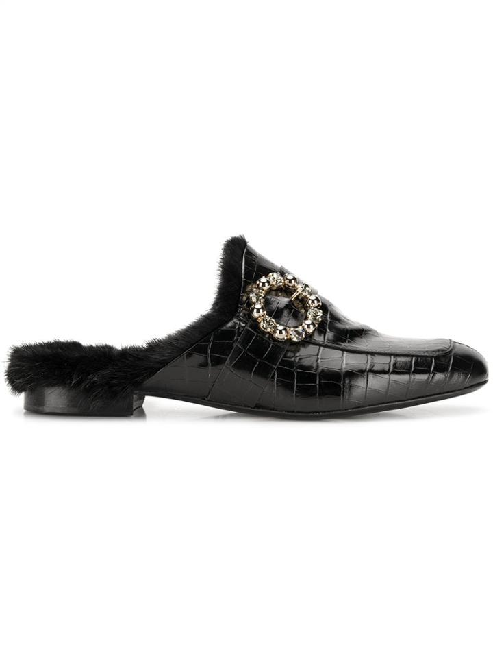 Eleventy Fur Lined Mules - Black