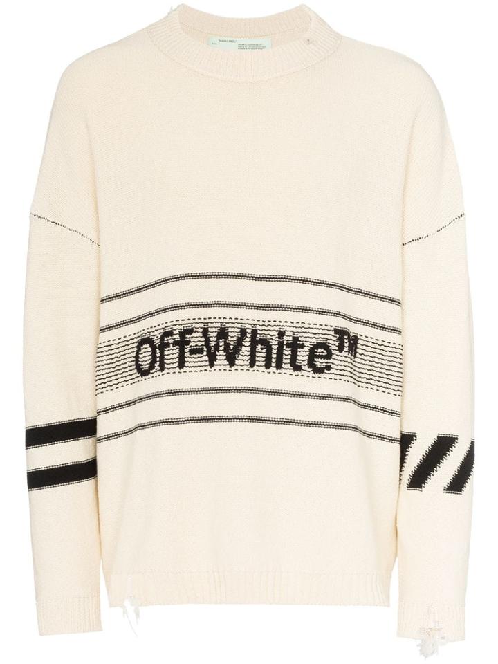Off-white Logo Intarsia Distressed Cotton-blend Jumper