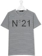 No21 Kids Teen Striped Logo Print T-shirt - Blue