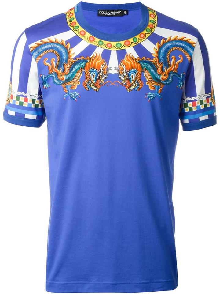 Dolce & Gabbana Chinese Dragon Print T-shirt, Men's, Size: 52, Blue, Cotton