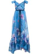 Marchesa Notte Floral Print Organza Gown - Blue