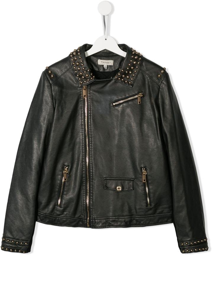 Twin-set Studded Zip Detail Biker Jacket - Black
