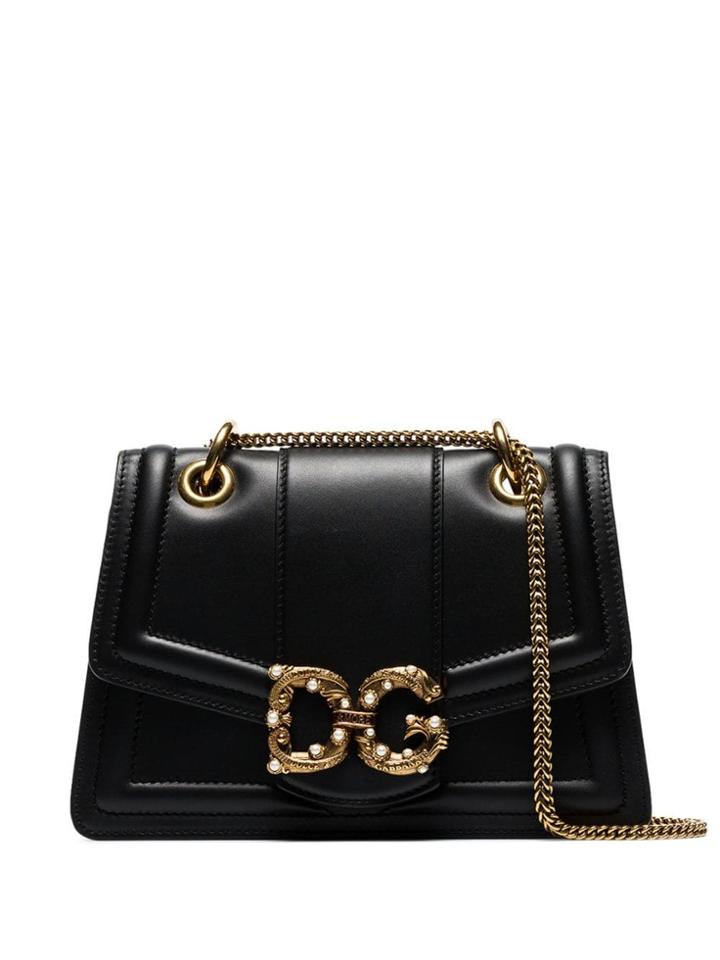 Dolce & Gabbana Black Dg Faux Pearl Embellished Leather Shoulder Bag